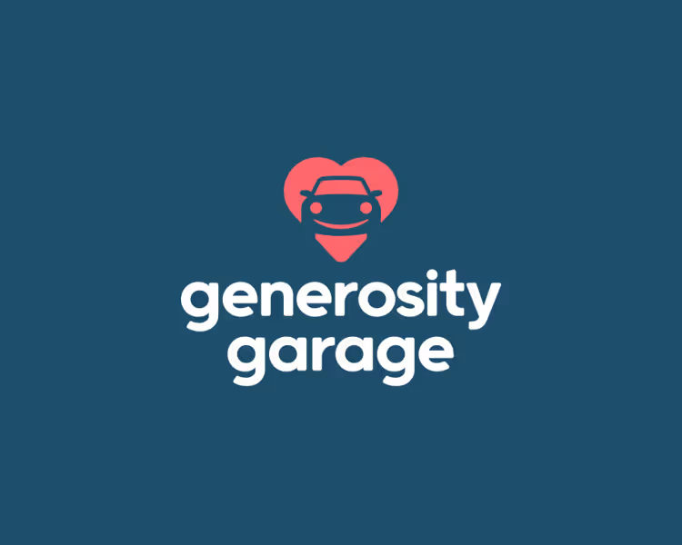 Logo with a red heart containing a smiling car icon above the white text 'generosity garage' on a dark teal background.