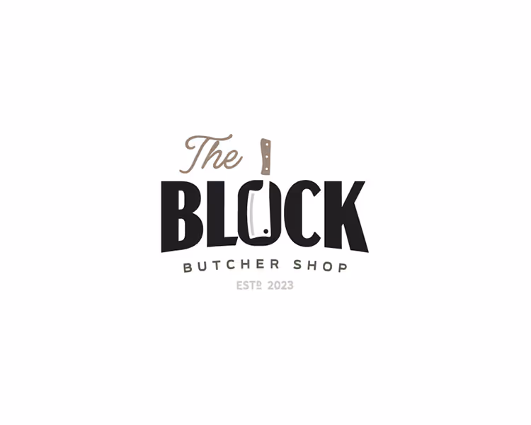 Logo for The Block Butcher Shop featuring the word BLOCK with a cleaver replacing the letter O and established date 2023.