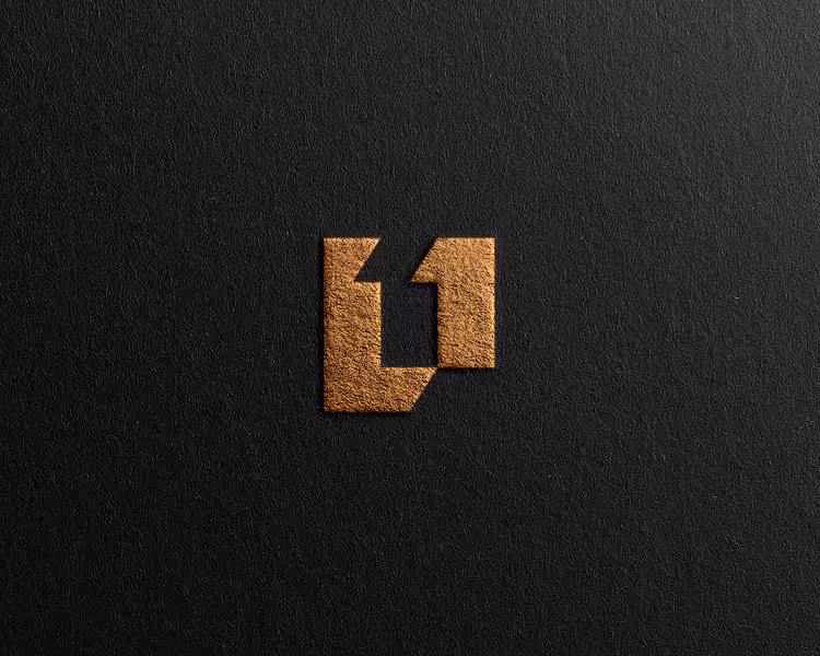 Copper-colored abstract geometric logo on black textured background.