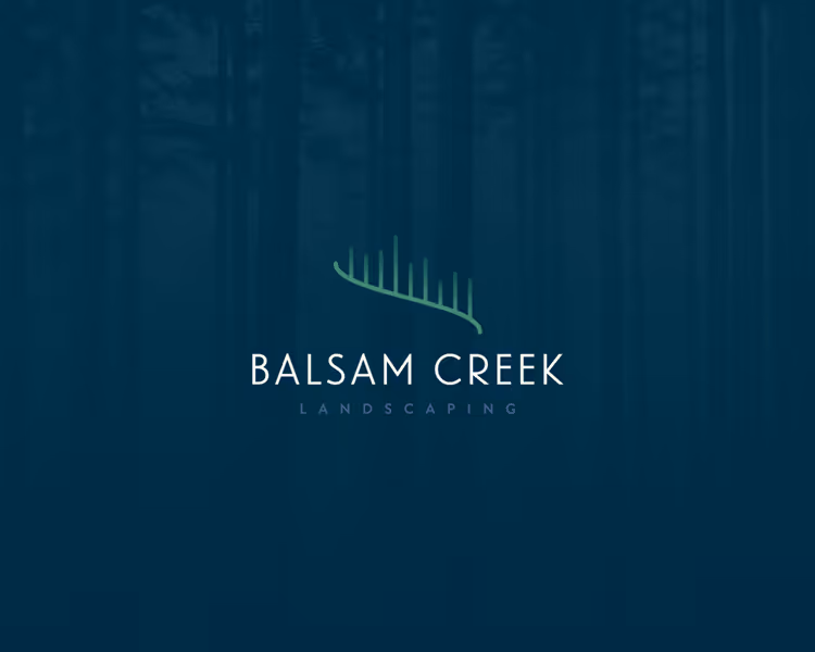 Logo for Balsam Creek Landscaping featuring stylized green tree branch over company name on a dark forest background.