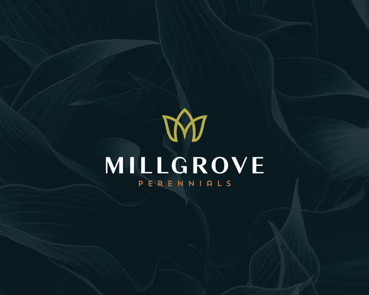 Millgrove Perennials logo with a stylized green leaf emblem above the company name on a dark leafy background.