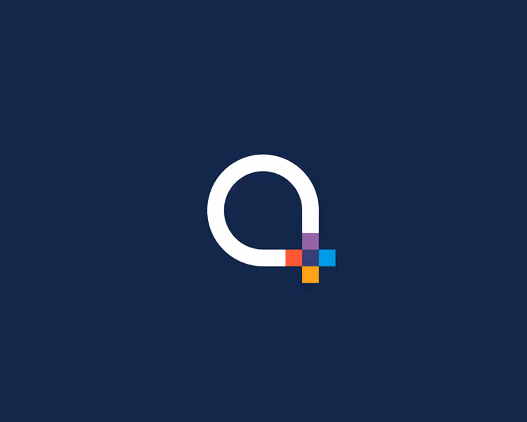 Modern white loop symbol with purple, red, blue, and orange squares on navy background.