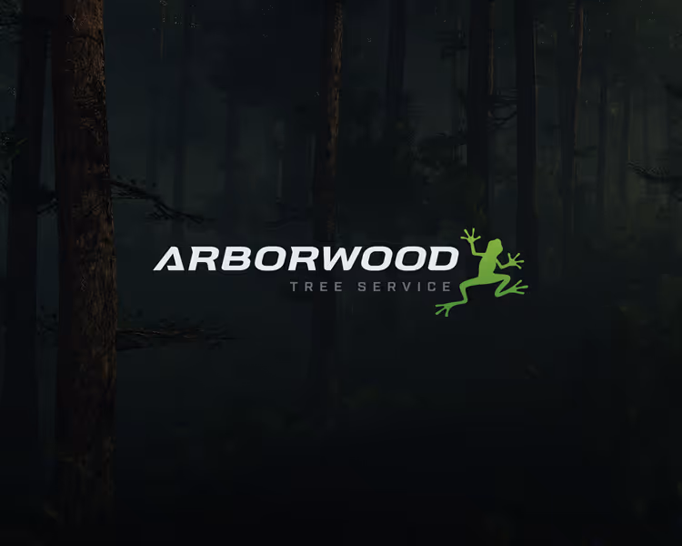 Arborwood Tree Service logo with white text and a green frog silhouette against a dark forest background.