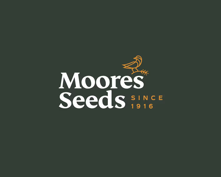 Moores Seeds logo with a stylized bird holding seeds and text reading 'Since 1916' on dark green background.