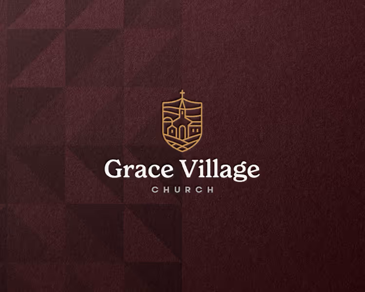 Grace Village Church logo with a gold outline of a church building and fields on a textured dark maroon background.