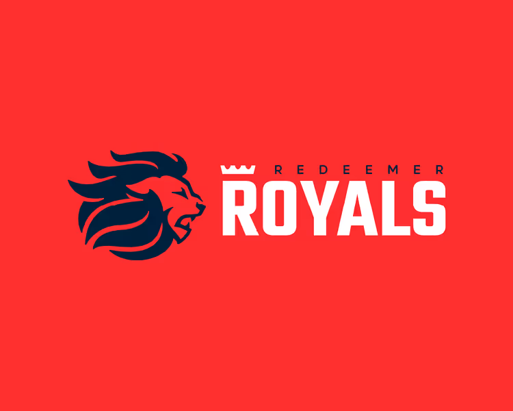 Redeemer Royals Logo - Red background with a navy blue lion head logo and white text reading 'REDEEMER ROYALS' with a crown symbol on the letter R.