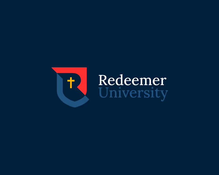 Redeemer University logo with stylized shield featuring a yellow cross on a red and blue background.