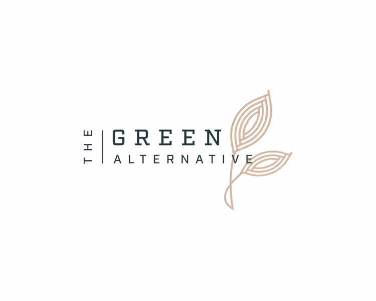 Logo with the text 'THE GREEN ALTERNATIVE' accompanied by a minimalist line drawing of two leaves.