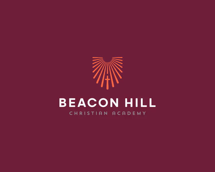 Beacon Hill Christian Academy logo featuring stylized orange rays with a cross on a maroon background.
