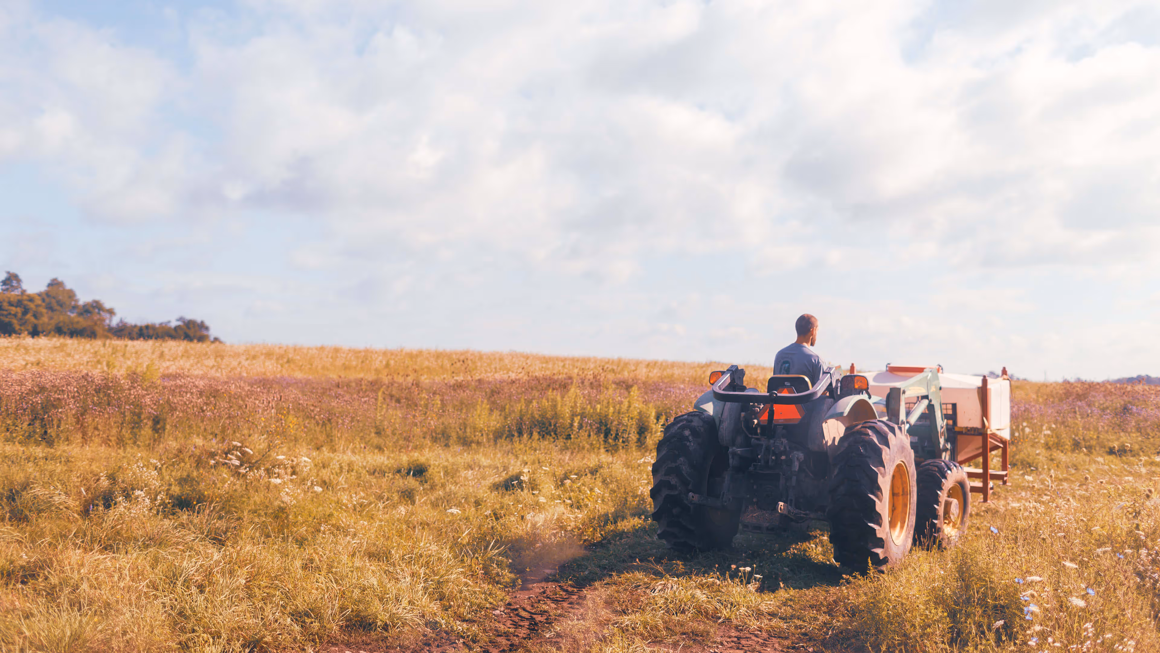 Man driving a tractor on a dirt path through a grassy field under a partly cloudy sky.