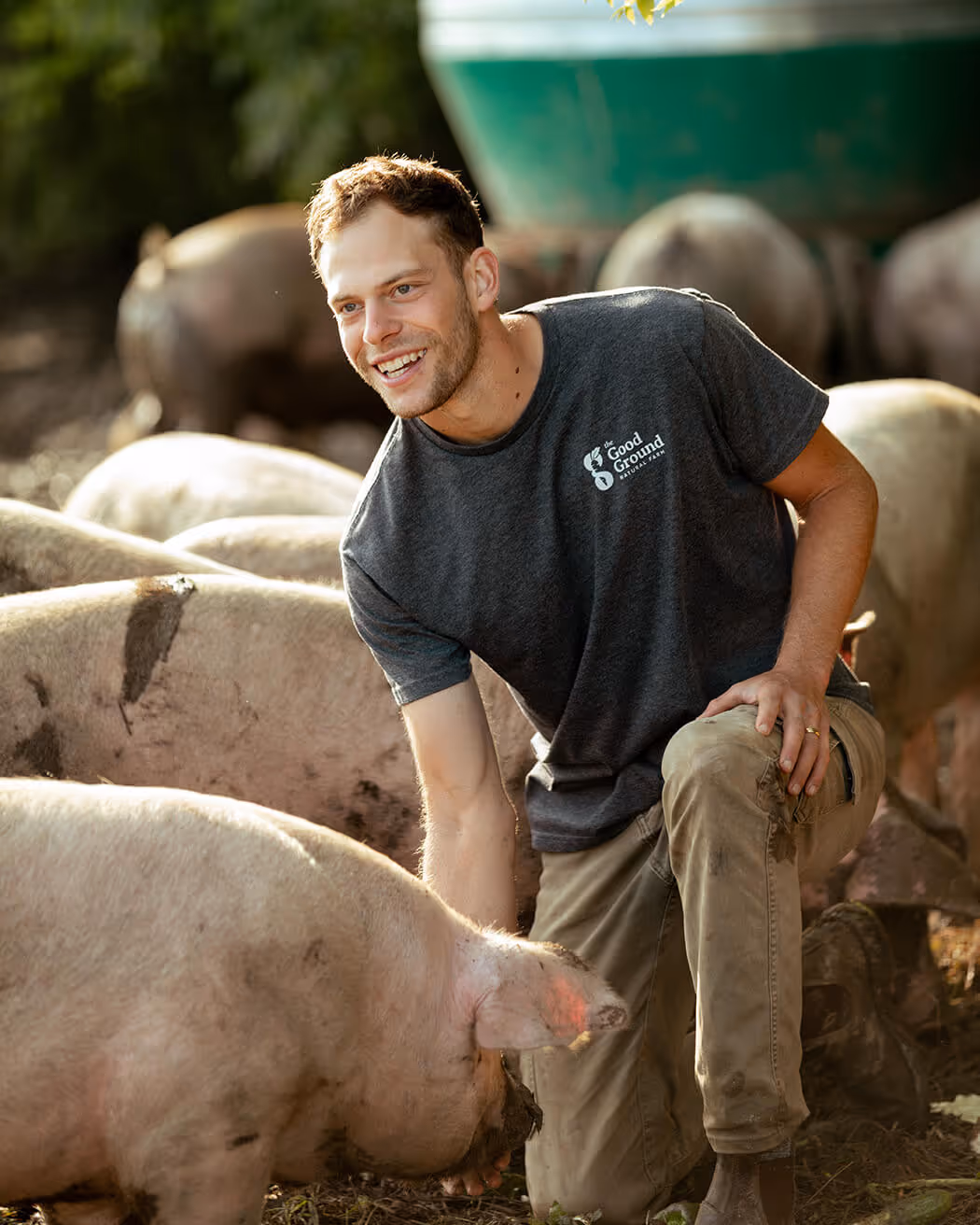 Smiling man wearing a dark t-shirt with 'The Good Ground' logo, kneeling and interacting with pigs on a farm.