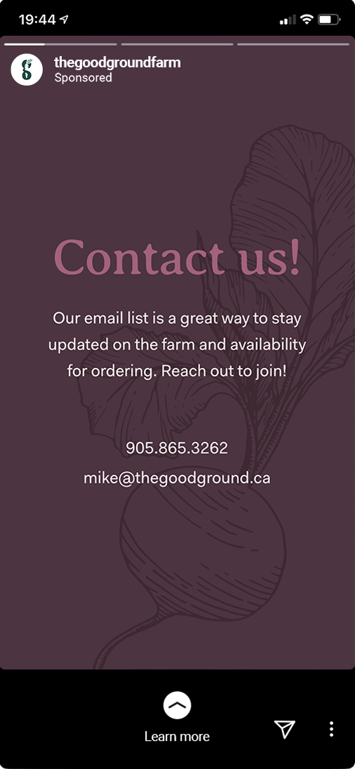 Contact us! Join the email list for farm updates and ordering availability with phone number 905.865.3262 and email mike@thegoodground.ca on a purple background with a faint beet illustration.