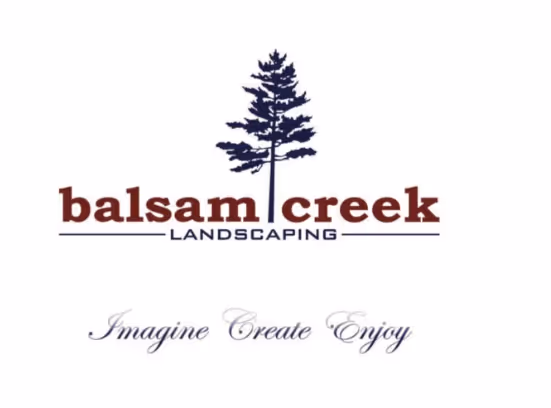 Balsam Creek Landscaping logo with a tall pine tree between the words and the slogan 'Imagine Create Enjoy' underneath.