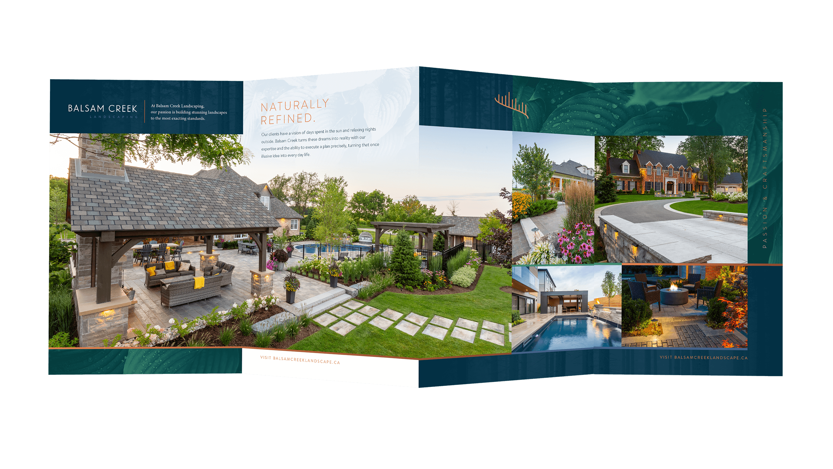Balsam Creek Landscaping brochure featuring outdoor living spaces with patios, pergolas, gardens, a pool, a fire pit, and a luxury home driveway.