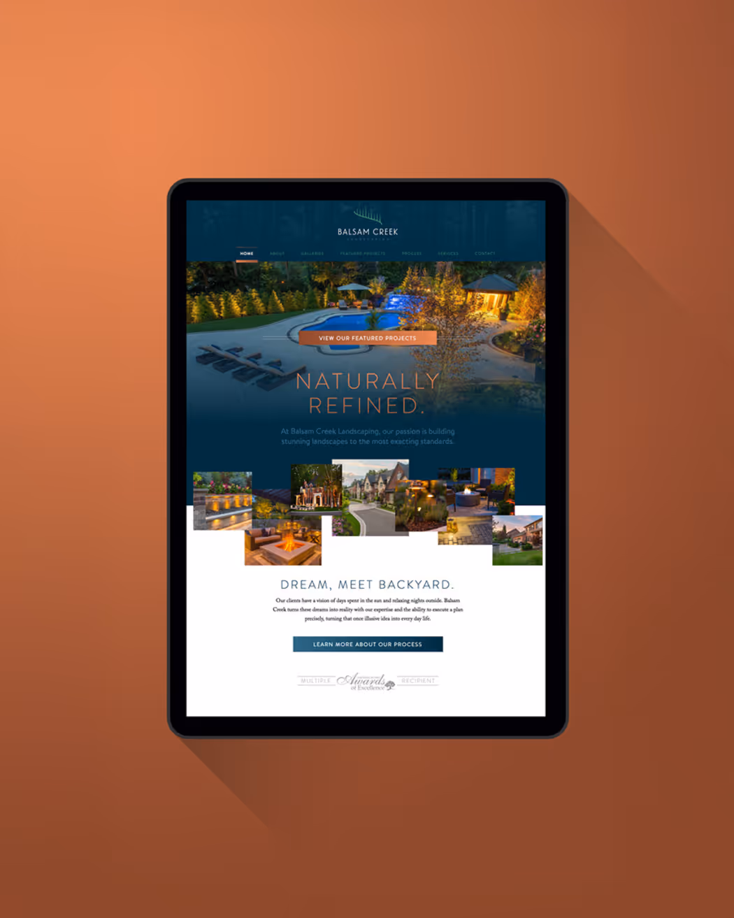 Tablet displaying Balsam Creek Landscaping website homepage with outdoor pool and garden images.