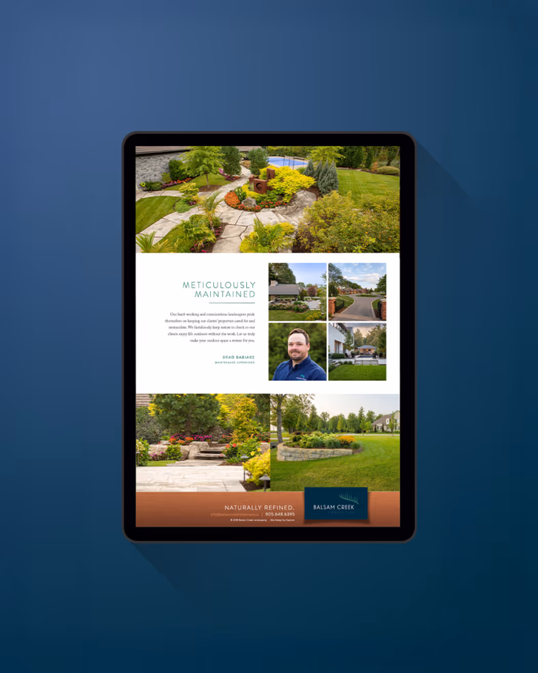 Digital tablet displaying a landscape design company brochure featuring garden pathways, manicured lawns, patios, flower beds, a portrait of a man, and company logo Balsam Creek Landscaping.
