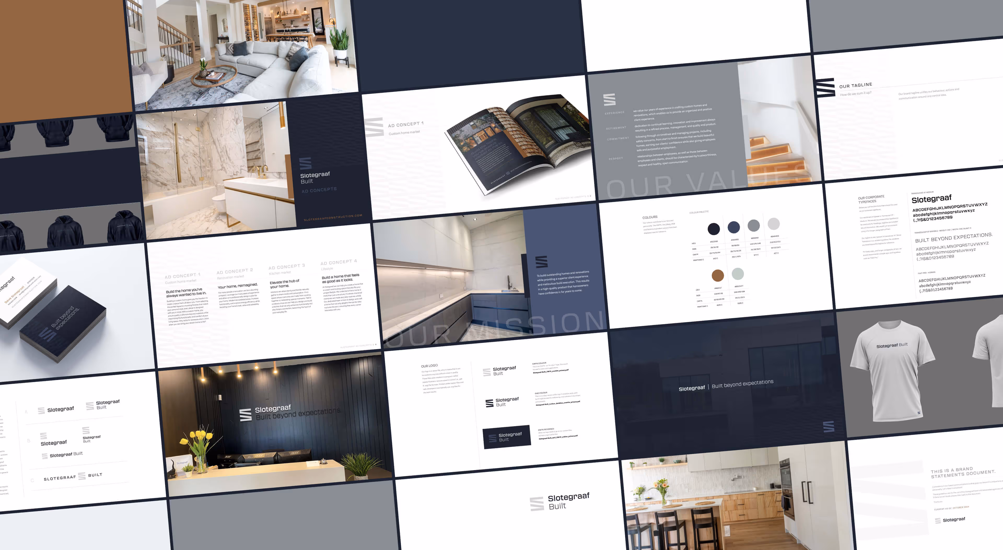 Collage of brand design elements including interior photos, logo usage, color palette, typography, business cards, and merchandise for Slotegraaf Built.