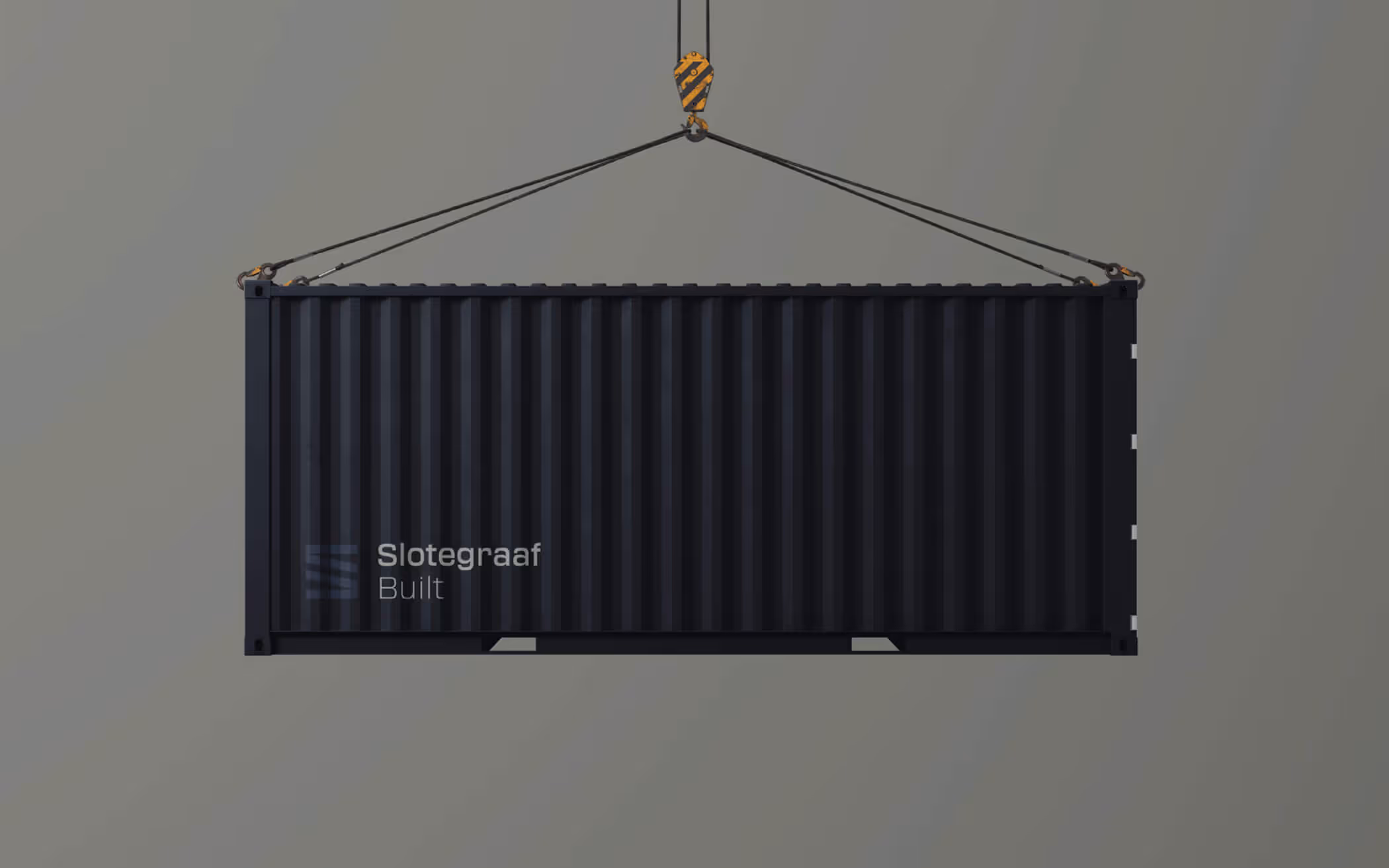 Black shipping container suspended by four cables attached to a yellow and black-striped crane hook against a plain background.