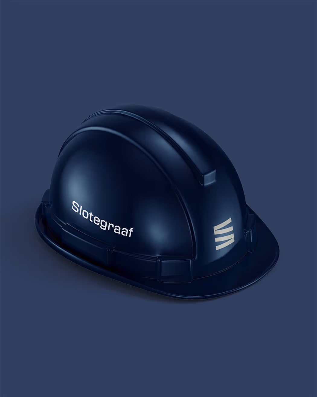 Dark blue construction hard hat with the word 'Slotegraaf' and a three-line logo on a dark blue background.