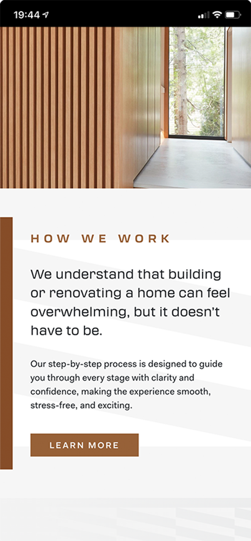Mobile screen showing a modern hallway with wood paneling and a glass door leading outside, with text describing a clear step-by-step home building process and a 'Learn More' button.