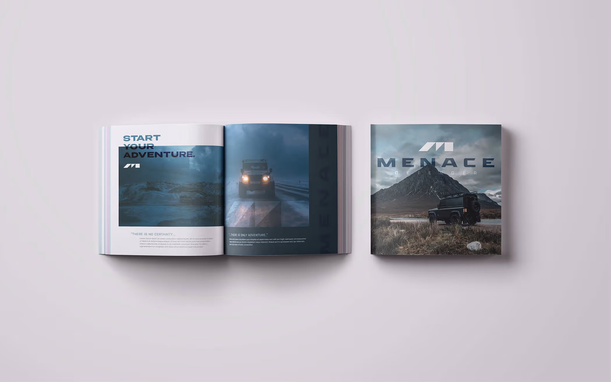 Open spread magazine and front cover with off-road vehicle in rugged mountain landscape and text 'Start Your Adventure' and 'Menace Offroader'.