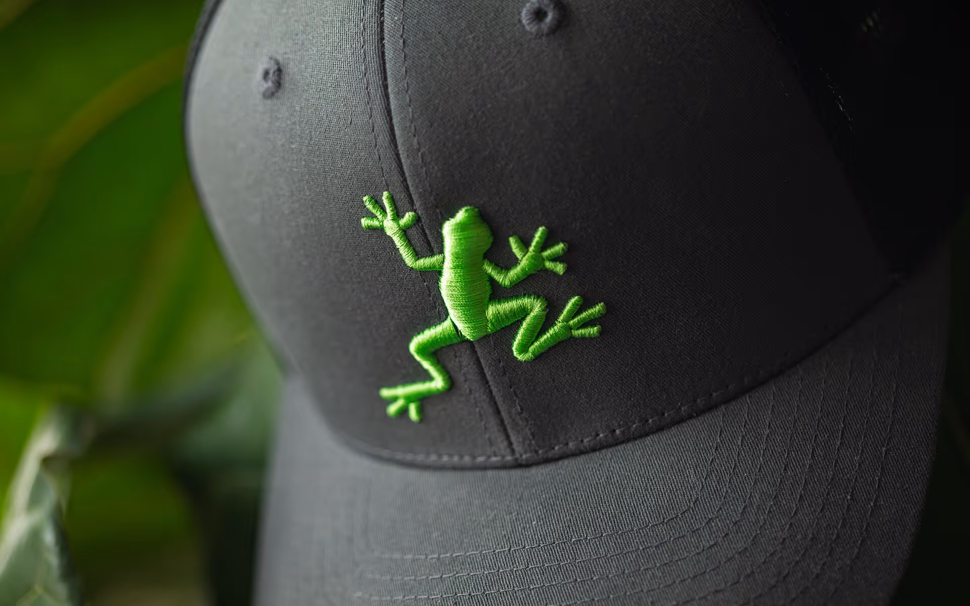 Close-up of a black baseball cap with a bright green embroidered frog on the front panel.
