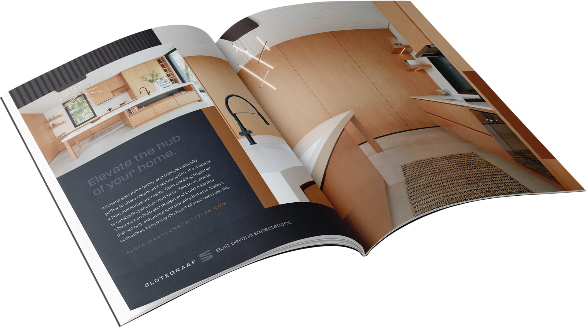 Open magazine spread displaying a modern kitchen with light wood cabinetry and a dark blue page with text about elevating the hub of your home.