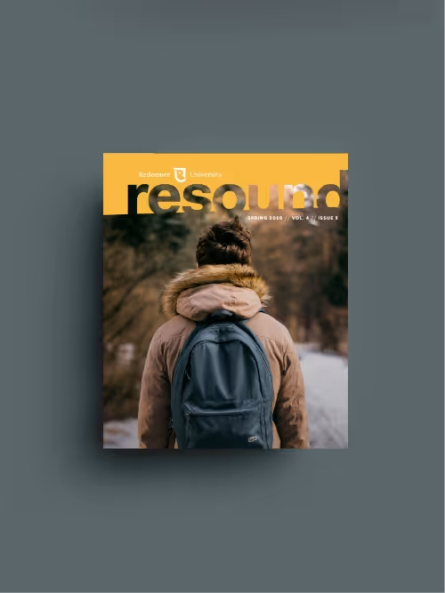 Magazine cover titled 'resound' from Redeemer University showing a person with a backpack and fur-lined hood walking on a snowy forest path.