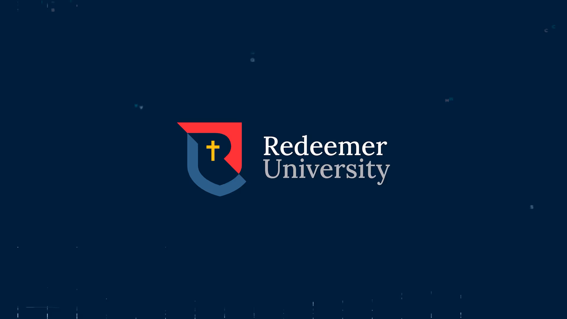 Redeemer University logo featuring a shield with a yellow cross inside and the text 'Redeemer University' on a dark blue background.