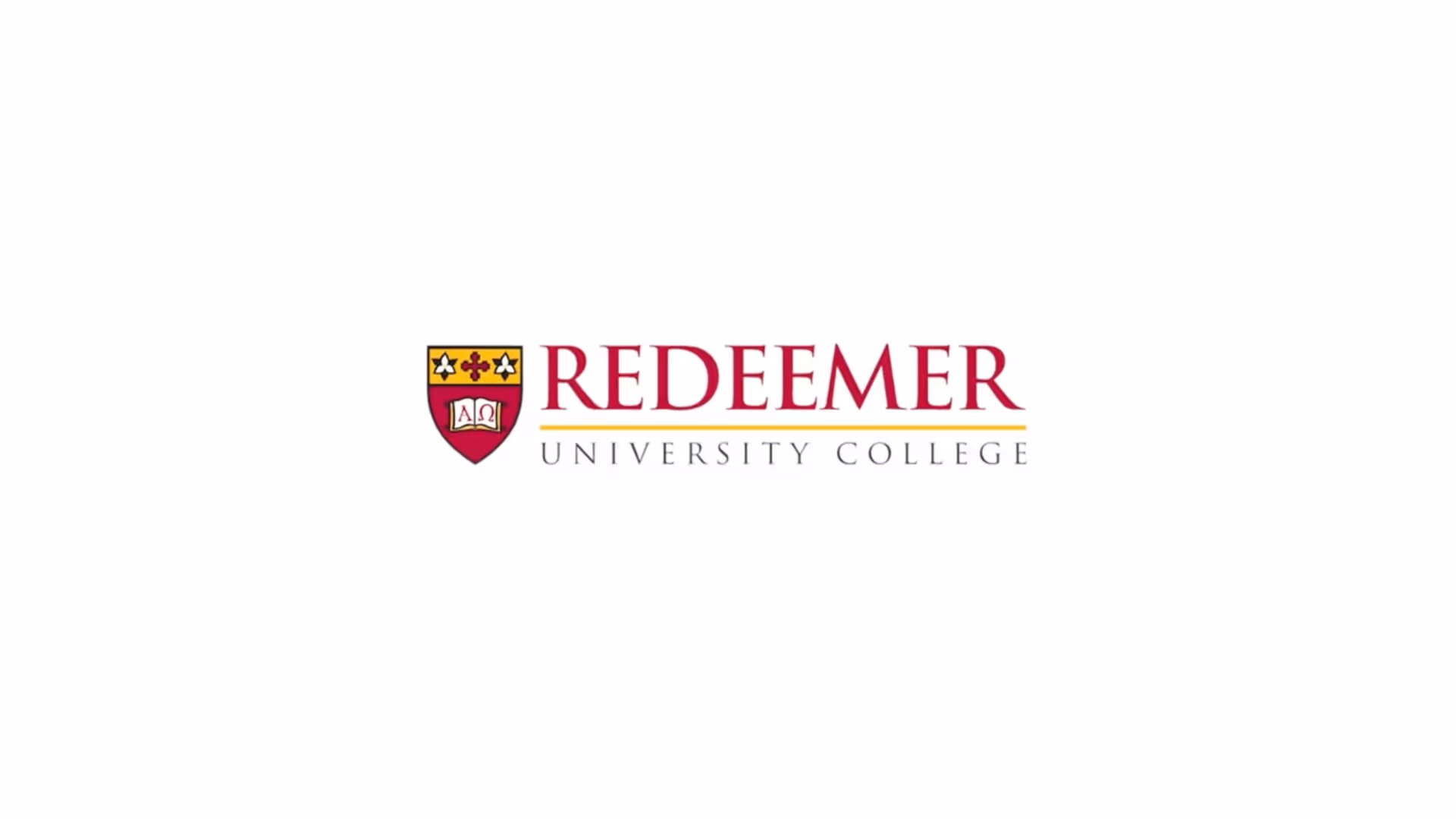 Redeemer University College logo with shield featuring a cross, stars, and an open book with Alpha and Omega symbols.