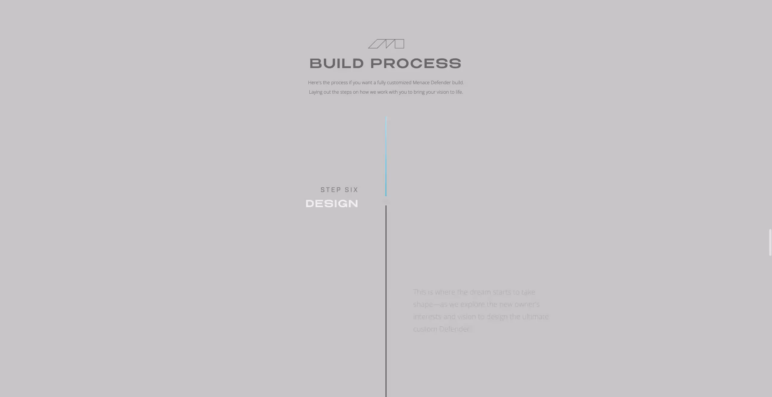 Build process page for Menace Defender showing Step Six Design with brief description on exploring owner’s vision for a custom Defender.