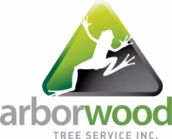 Logo of Arborwood Tree Service Inc. featuring a white frog silhouette inside a green to black gradient triangle and the company name below.