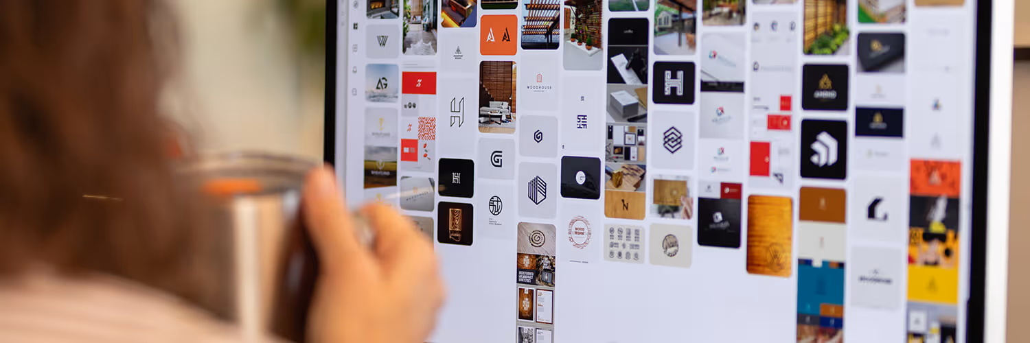 Person holding a cup and looking at a computer screen displaying multiple logo designs in a grid layout.