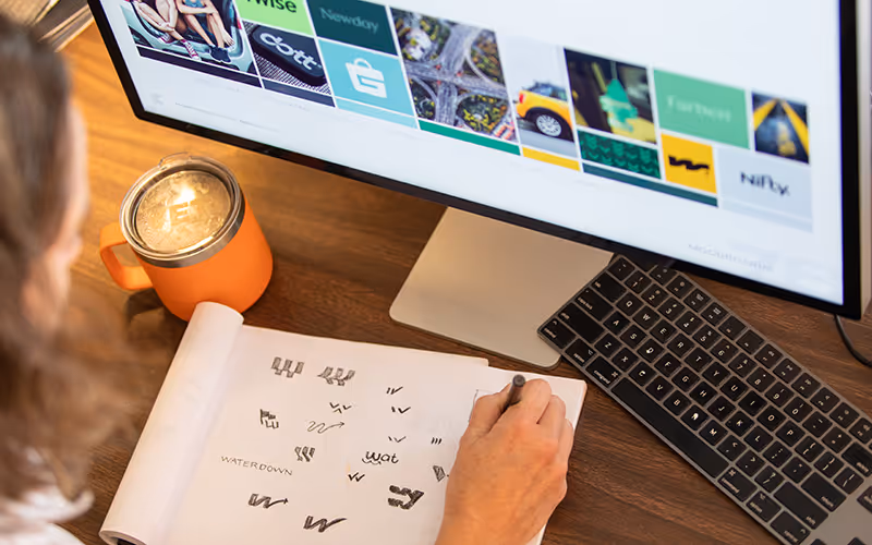 Person sketching logo ideas on a pad next to a keyboard and orange mug on a wooden desk with a monitor showing various brand logos.