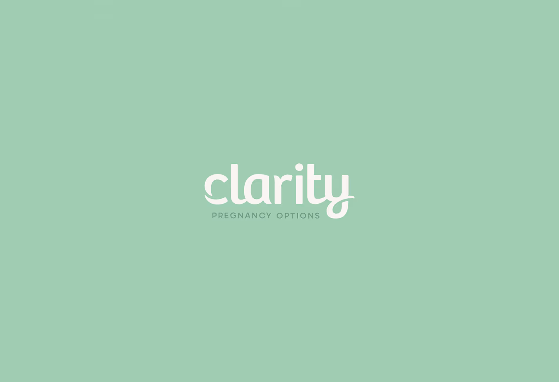 Logo with the word 'clarity' in white cursive font and 'PREGNANCY OPTIONS' in smaller uppercase letters below on a light green background.