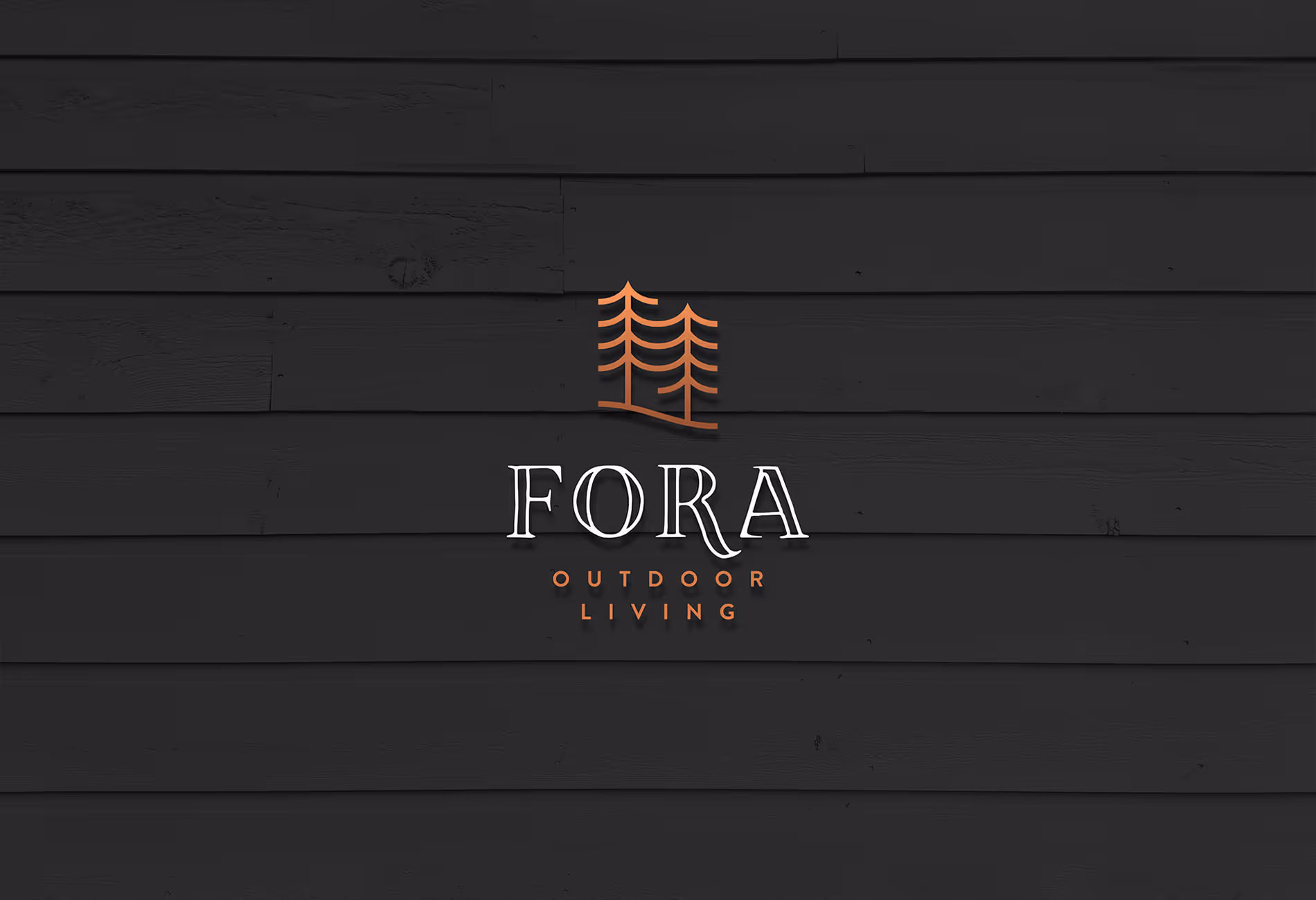 Logo with two stylized orange pine trees above the text 'FORA' in white and 'OUTDOOR LIVING' in smaller orange letters on a dark wood background.