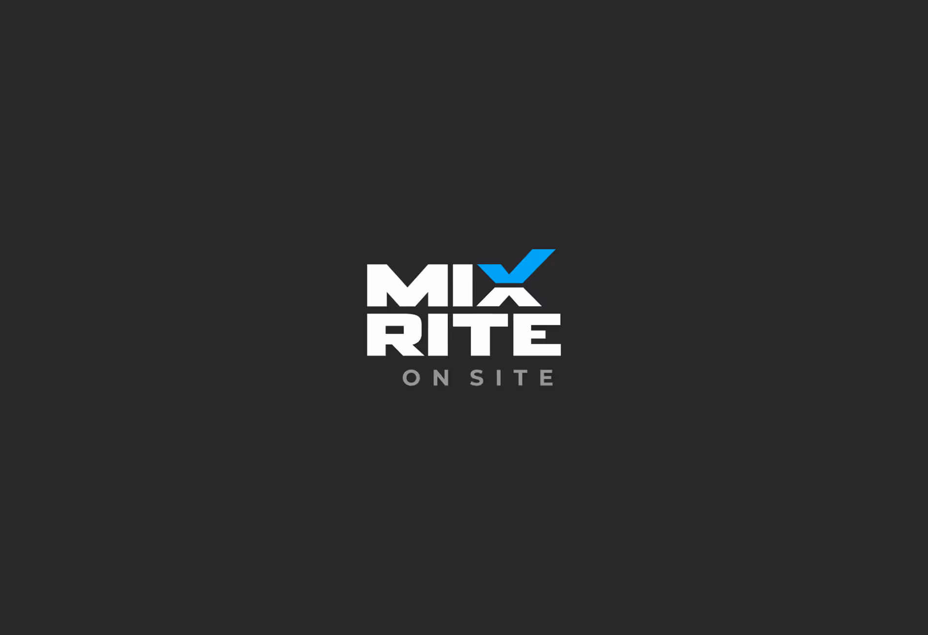 White and blue MixRite On Site logo on dark background.