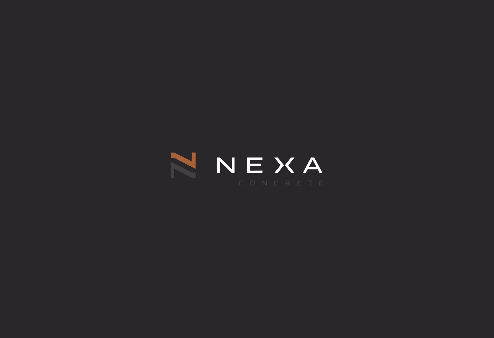 Nexa Concrete logo with stylized 'N' symbol in brown and gray on dark background.
