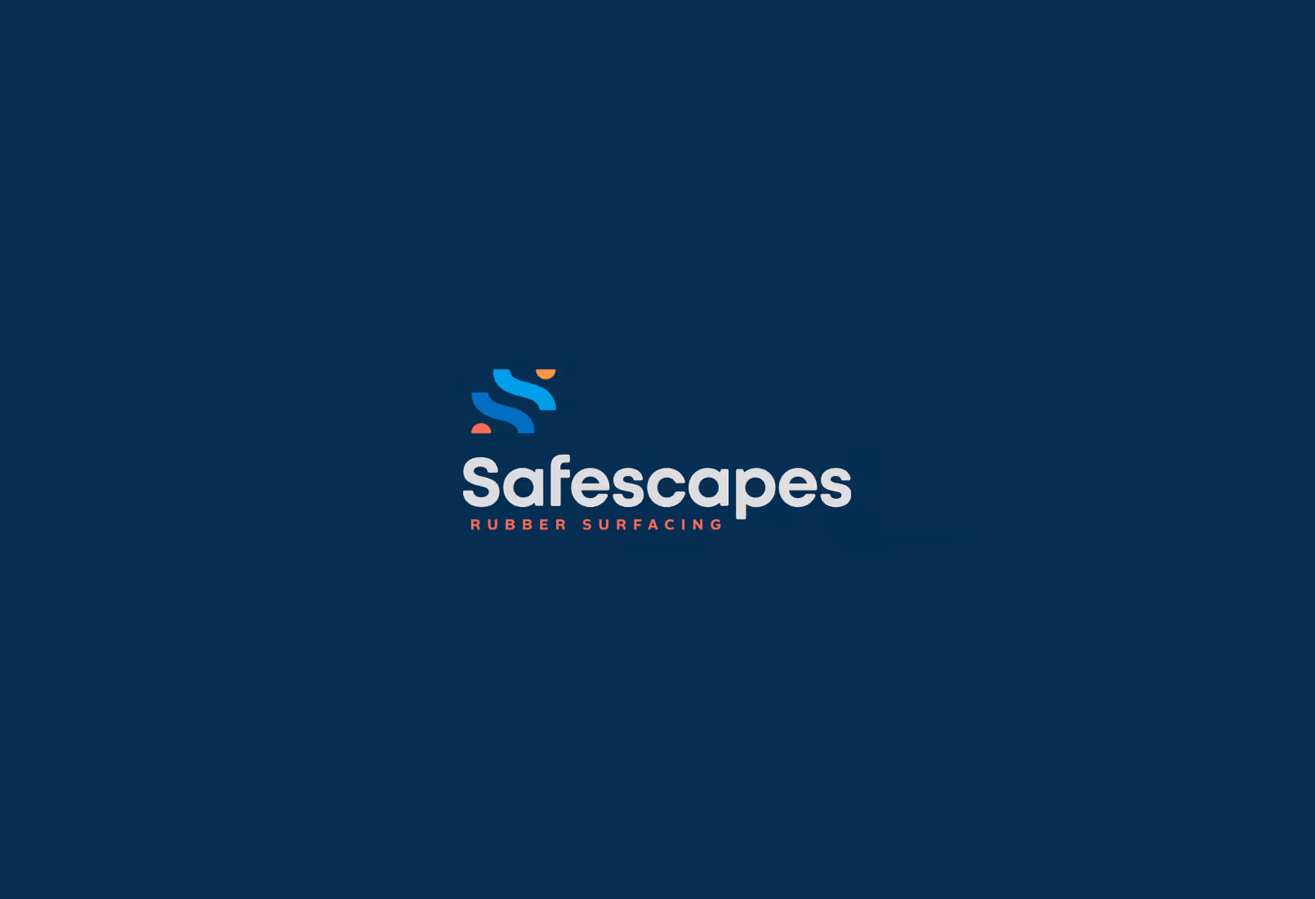 Safescapes logo with blue abstract shapes and the words 'RUBBER SURFACING' below in red text on a dark blue background.