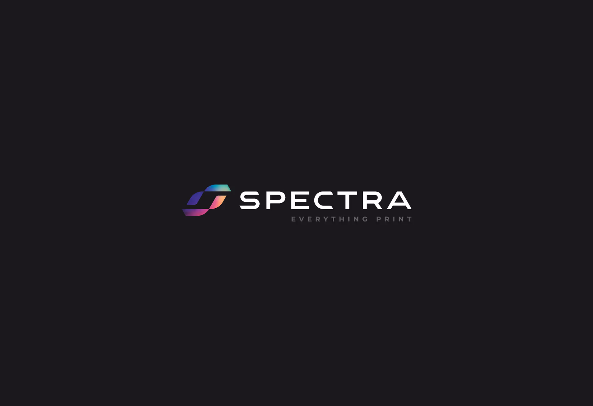 Spectra logo with a stylized S icon in gradient colors and the tagline 'Everything Print' on a dark background.