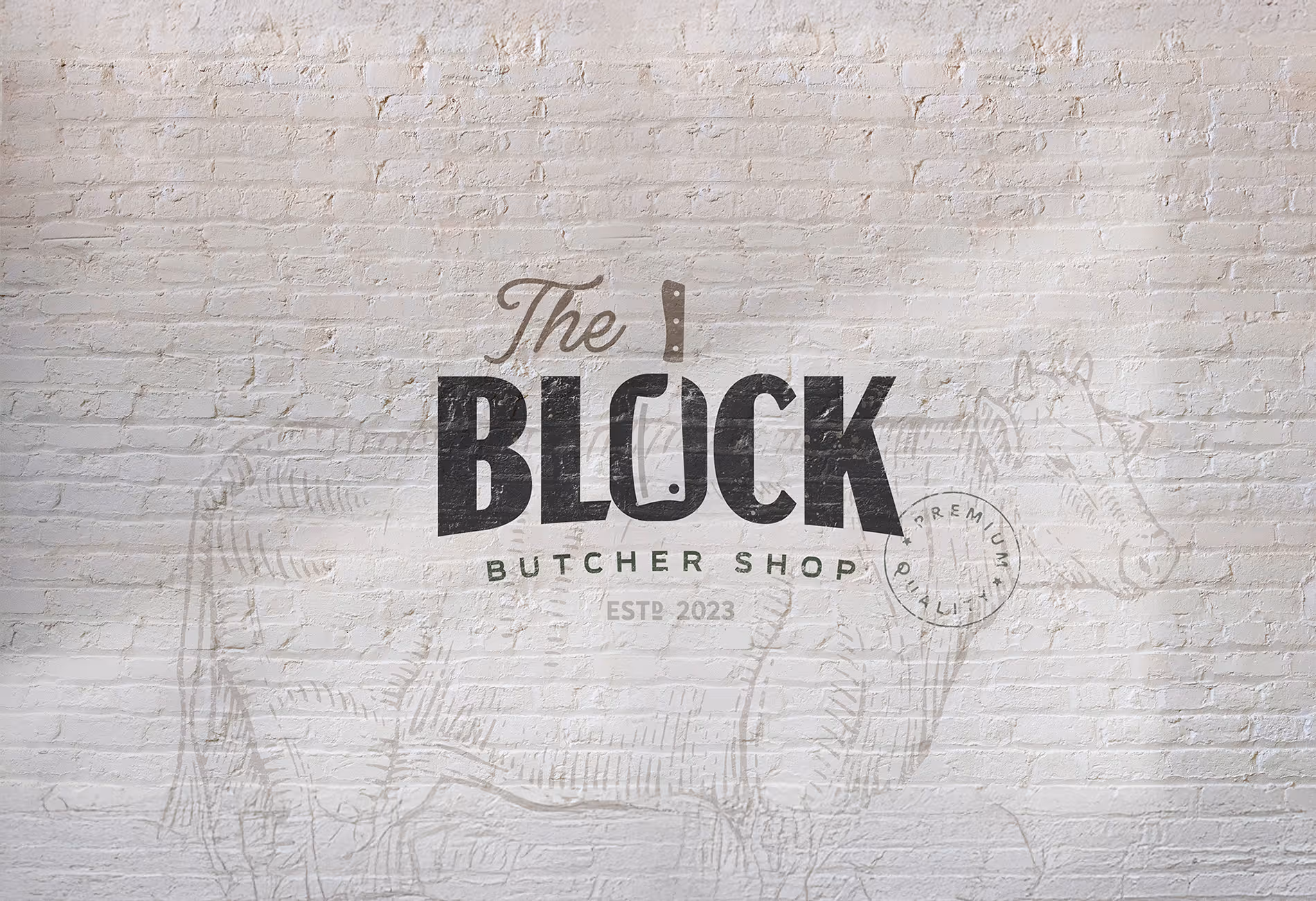 Logo for The Block Butcher Shop with a cleaver knife incorporated into the word 'BLOCK' and a faint illustration of a cow on a white brick wall.