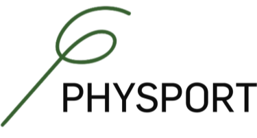 PHYSport logo with a green abstract curved line symbol.