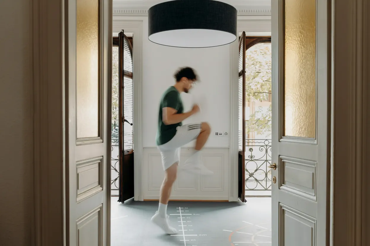 Man exercising indoors in a room with open doors leading to a balcony, performing high knees on a floor with measurement markings.