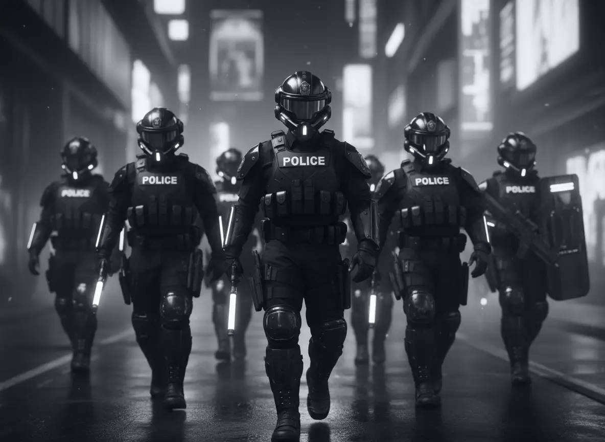 Group of six police officers in full riot gear walking forward on a wet city street at night, holding batons and a shield.
