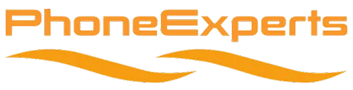 PhoneExperts logo in orange text with two orange wave lines underneath.