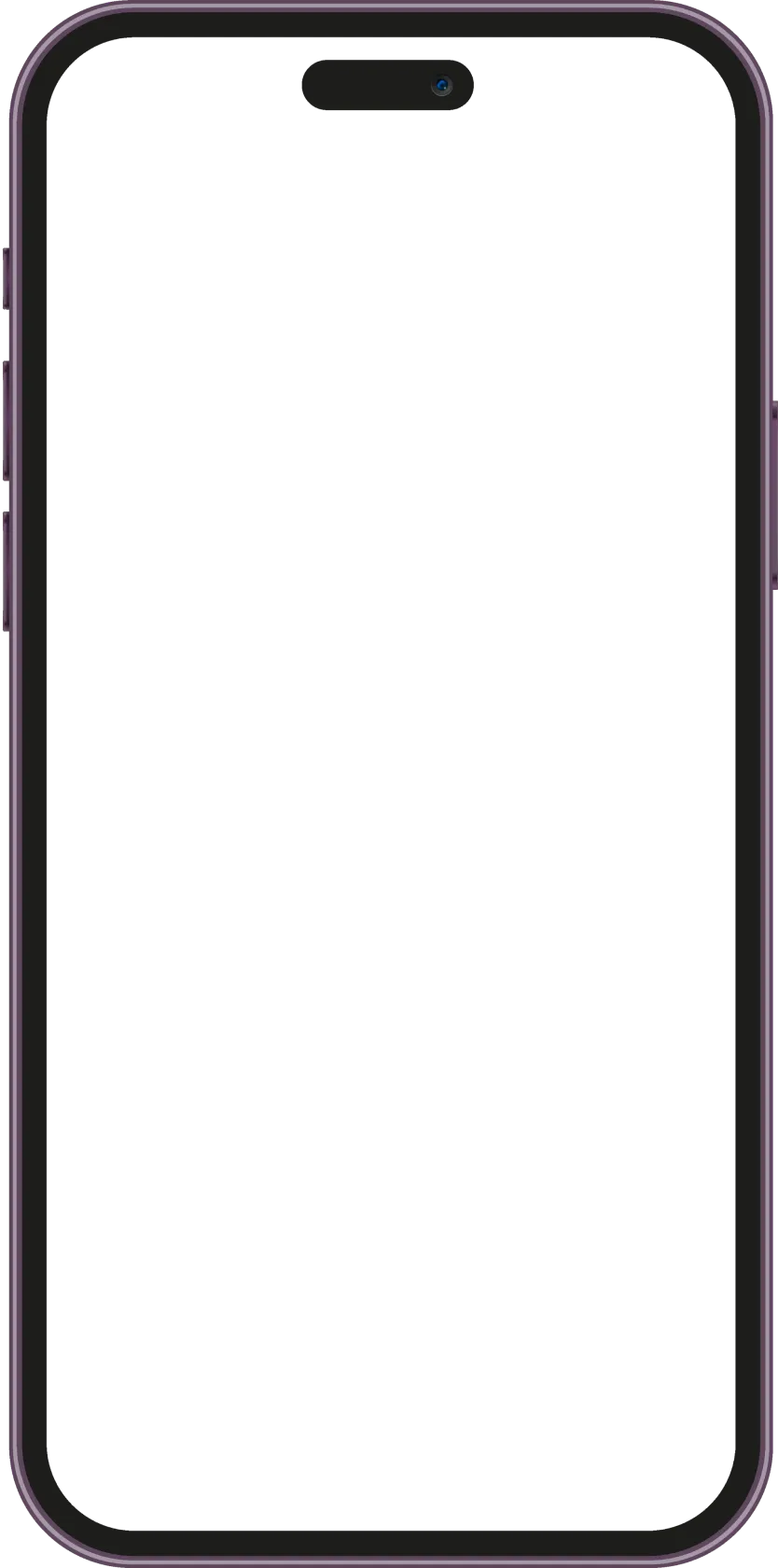 Front view of a black smartphone with a purple frame on a white background.