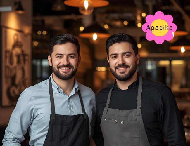 Two smiling men wearing aprons standing side by side in a warmly lit restaurant interior.