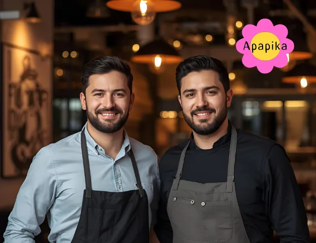 Two smiling men wearing aprons standing side by side in a warmly lit restaurant interior.