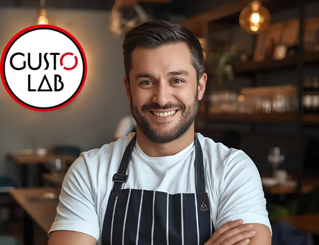 Smiling chef with beard and dark hair wearing a white shirt and striped apron standing with arms crossed in a cozy restaurant interior, with Gusto Lab logo in the top left corner.