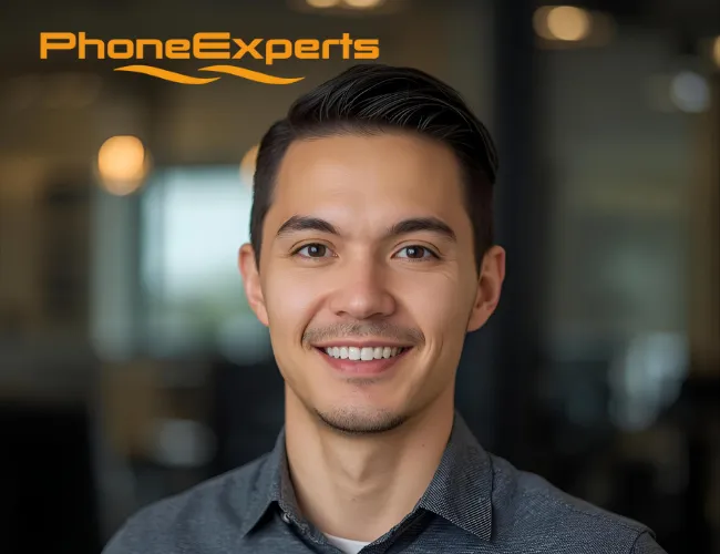 Smiling young man with short dark hair wearing a grey shirt, with a blurred office background and the PhoneExperts logo above his head.